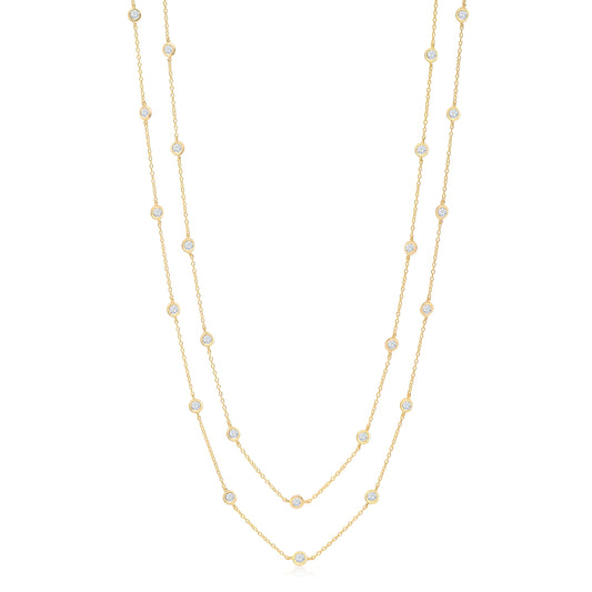 Very Long Station Necklace Pendant Sterling Silver 925 Yellow Gold Plated Simulated Diamonds Bezel 46" by Massete
