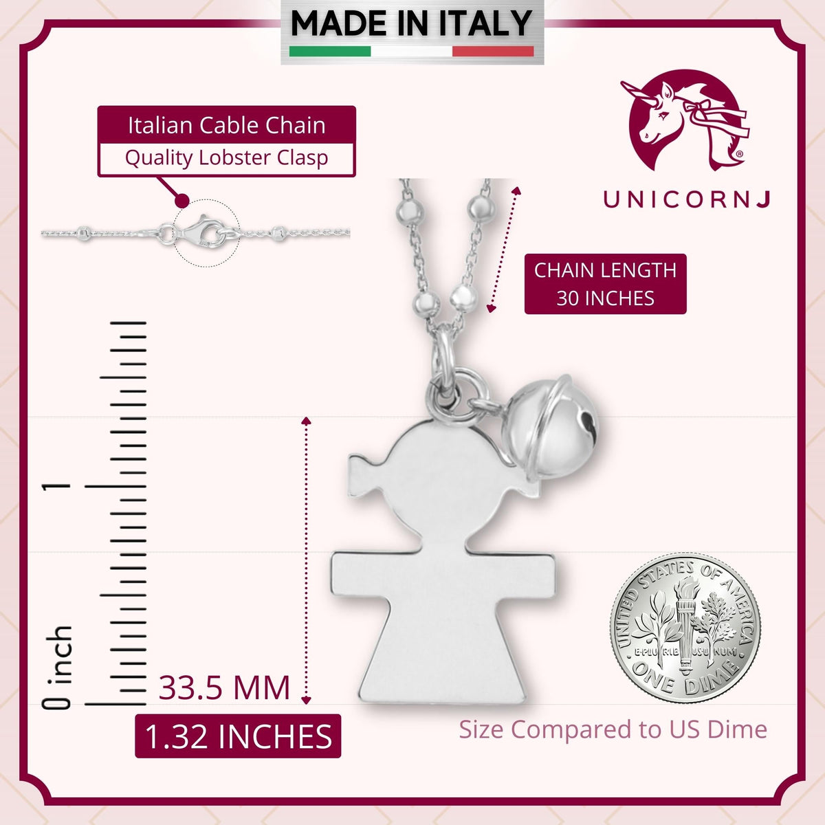 Sterling Silver Rose Gold High Polished Large Girl Silhouette Figure Pendant Necklace Long Cable Chain 30" by Massete