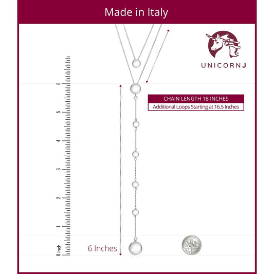 Sterling Silver High Polished Double Layer Long Drop Y Shape with Ball Accent Necklace Pendant on Cable Chain 18" by Massete