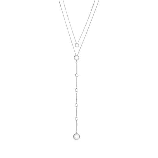 Sterling Silver High Polished Double Layer Long Drop Y Shape with Ball Accent Necklace Pendant on Cable Chain 18" by Massete