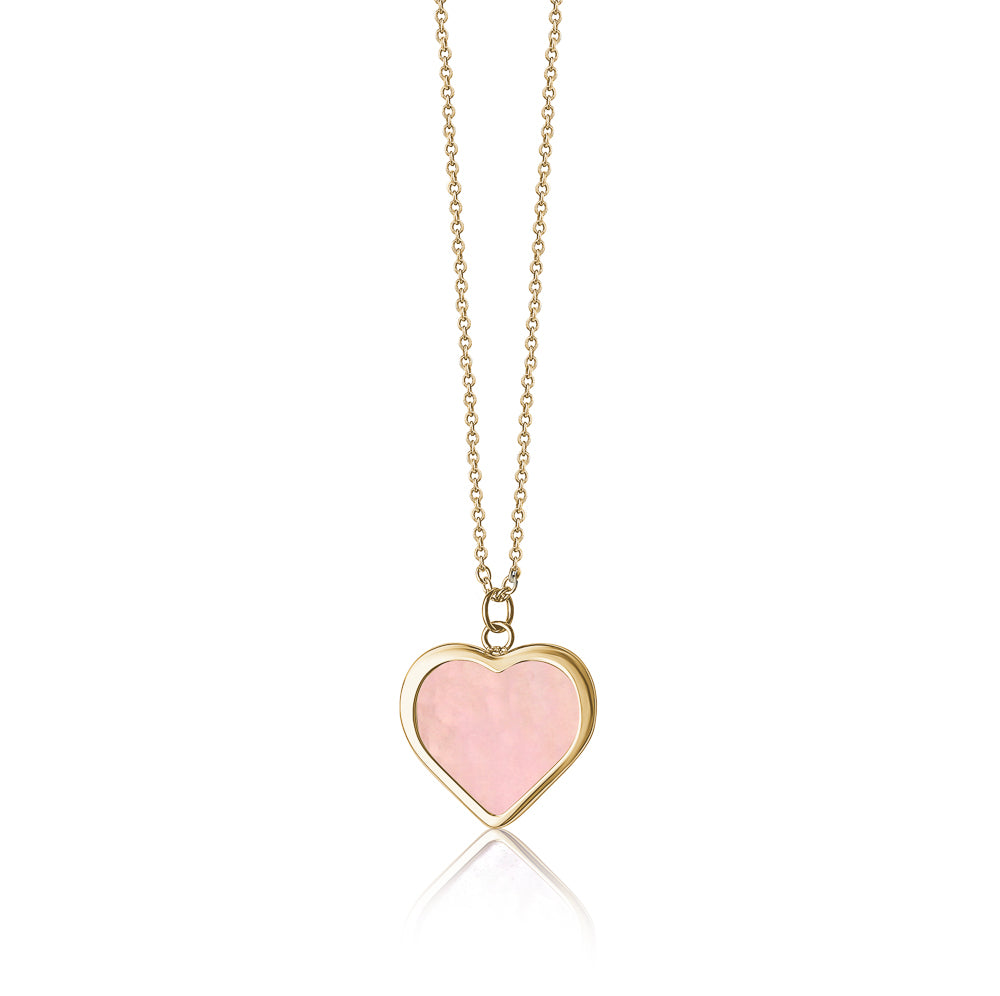 Unicornj 14k yellow gold reversible heart necklace, pink and white mother of pearl, view 3