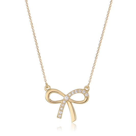 Bow Pendant Necklace in 14K Yellow or White Gold with CZ by Massete