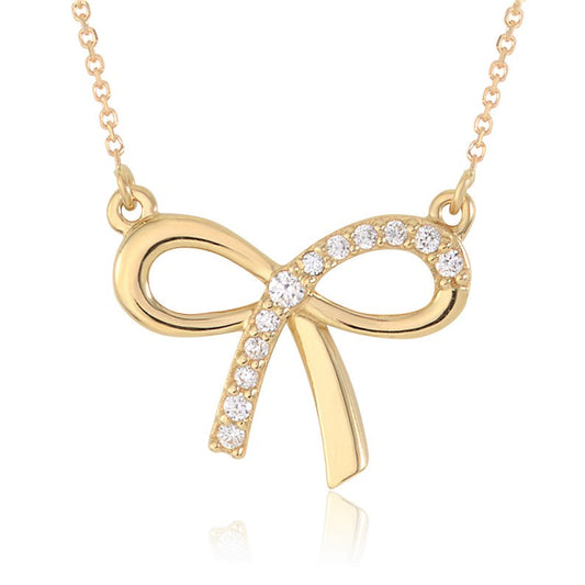 Bow Pendant Necklace in 14K Yellow or White Gold with CZ by Massete