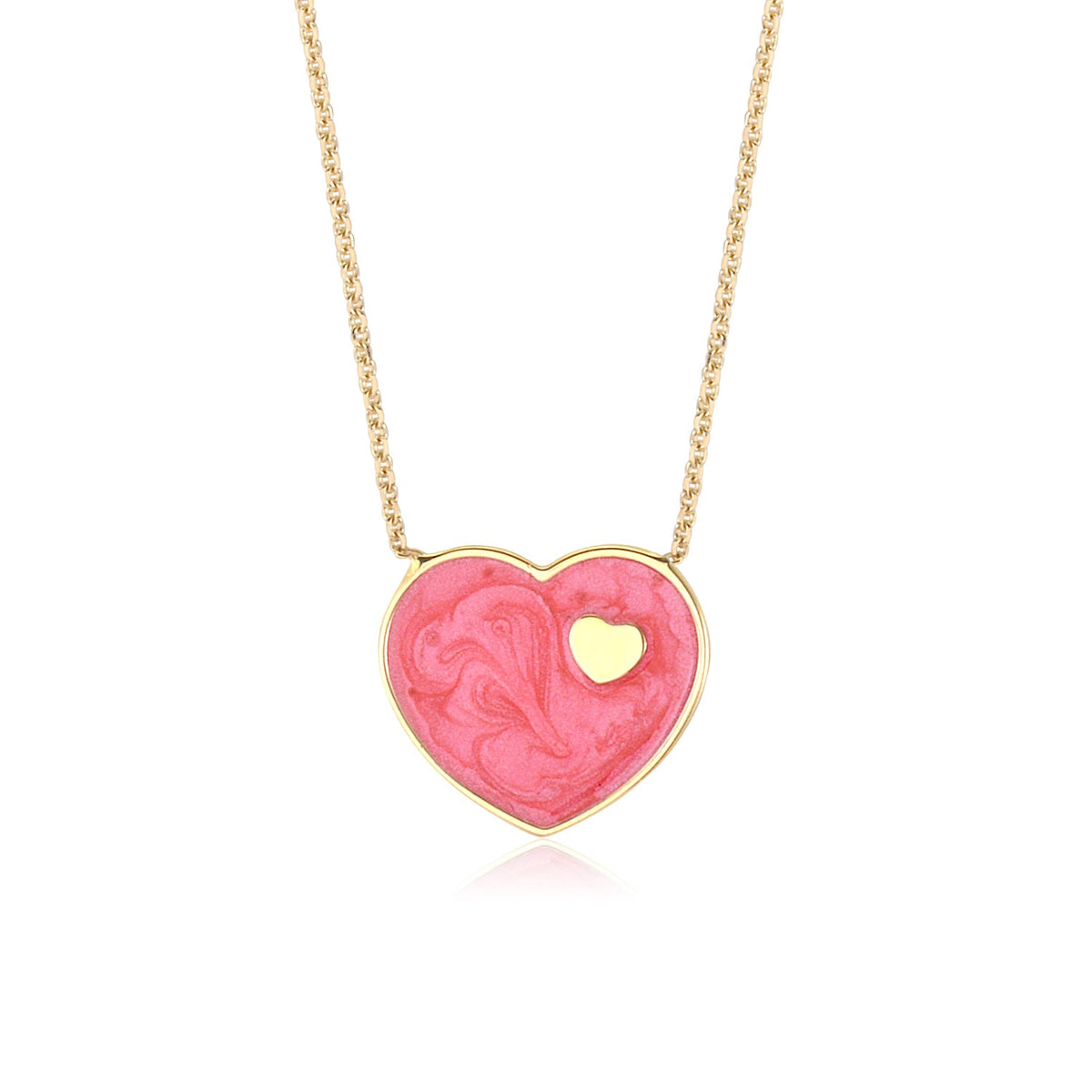 14K Yellow Gold Dark Marbled Enamel Heart on Heart Pendant Necklace 16 Inches by Massete