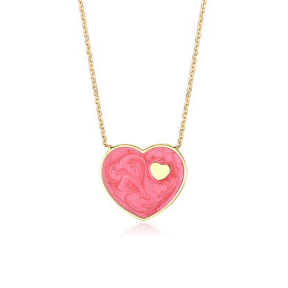 14K Yellow Gold Dark Marbled Enamel Heart on Heart Pendant Necklace 16 Inches by Massete