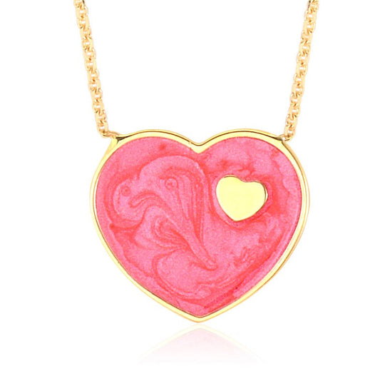 14K Yellow Gold Dark Marbled Enamel Heart on Heart Pendant Necklace 16 Inches by Massete
