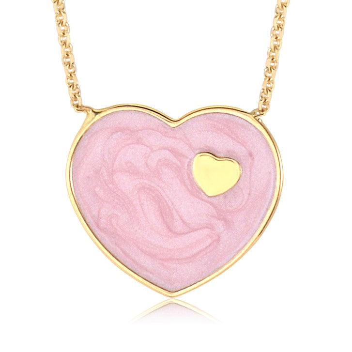 14K Yellow Gold Dark Marbled Enamel Heart on Heart Pendant Necklace 16 Inches by Massete