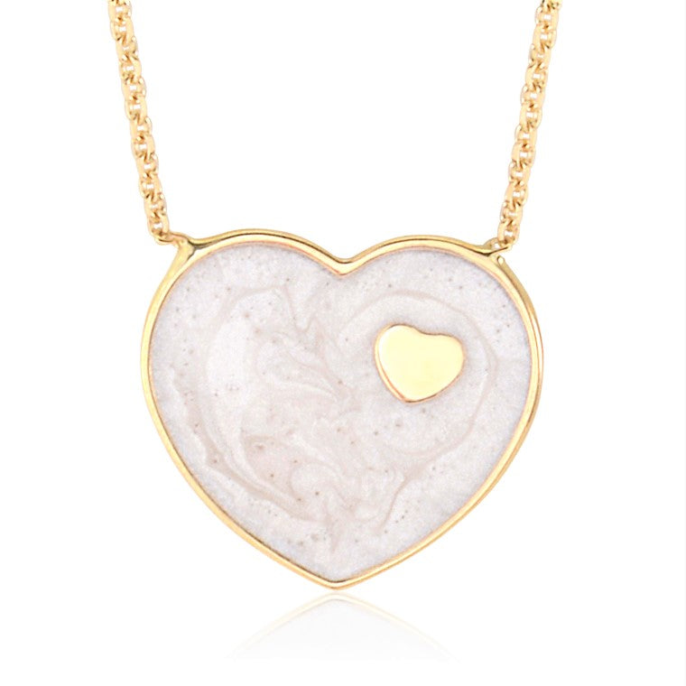 14K Yellow Gold Dark Marbled Enamel Heart on Heart Pendant Necklace 16 Inches by Massete