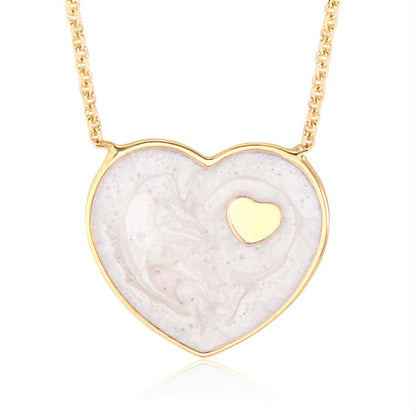 14K Yellow Gold Dark Marbled Enamel Heart on Heart Pendant Necklace 16 Inches by Massete