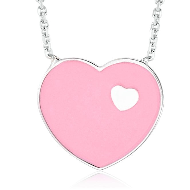 14K White Gold Pink Red or Turquoise Enamel Heart on Heart Pendant Necklace 16 Inches by Massete