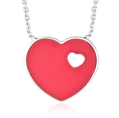 14K White Gold Pink Red or Turquoise Enamel Heart on Heart Pendant Necklace 16 Inches by Massete