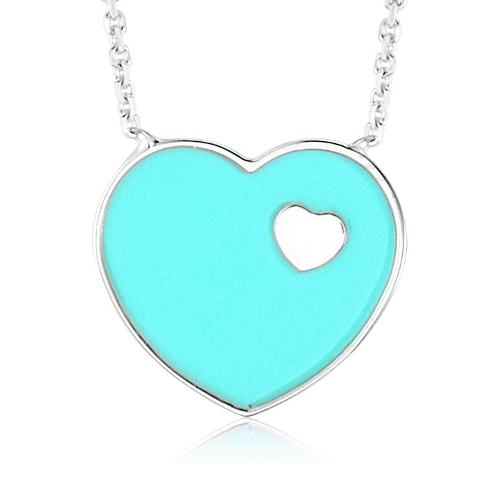 14K White Gold Pink Red or Turquoise Enamel Heart on Heart Pendant Necklace 16 Inches by Massete