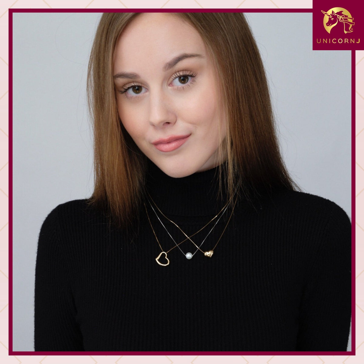 Model wearing 14k gold floating freshwater pearl necklace by Unicornj, view 5