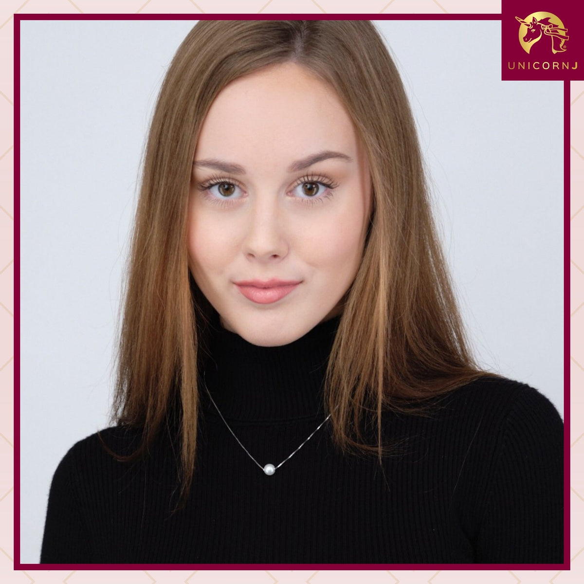 Model wearing 14k gold floating freshwater pearl necklace by Unicornj, view 4