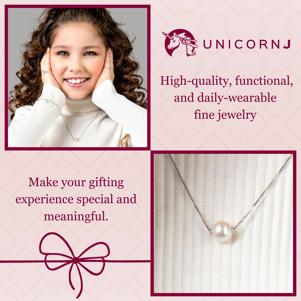 Model wearing 14k gold floating freshwater pearl necklace by Unicornj, view 3