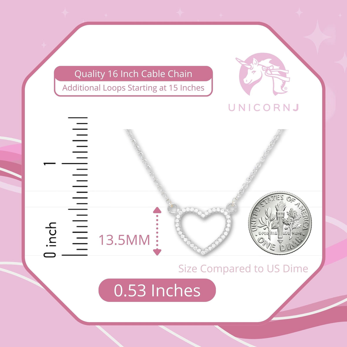 Sterling Silver 925 Open Heart Necklace Pendant Girls Teens Cubic Zirconia 15" Strong Rolo Chain ItalyÂ UnicornJ by Massete