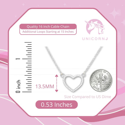 Sterling Silver 925 Open Heart Necklace Pendant Girls Teens Cubic Zirconia 15" Strong Rolo Chain ItalyÂ UnicornJ by Massete