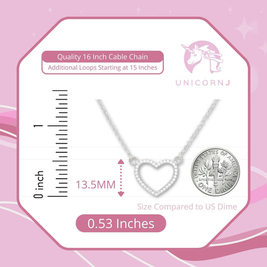 Sterling Silver 925 Open Heart Necklace Pendant Girls Teens Cubic Zirconia 15" Strong Rolo Chain ItalyÂ UnicornJ by Massete