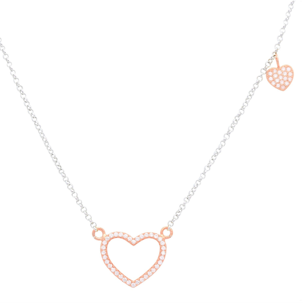 Sterling Silver 925 Open Heart Necklace Pendant Girls Teens Cubic Zirconia 15" Strong Rolo Chain ItalyÂ UnicornJ by Massete