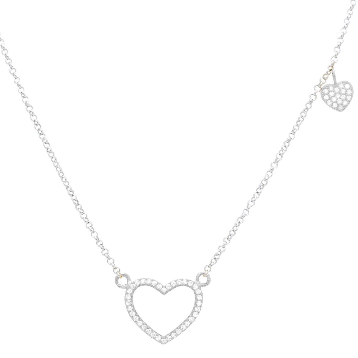 Sterling Silver 925 Open Heart Necklace Pendant Girls Teens Cubic Zirconia 15" Strong Rolo Chain ItalyÂ UnicornJ by Massete