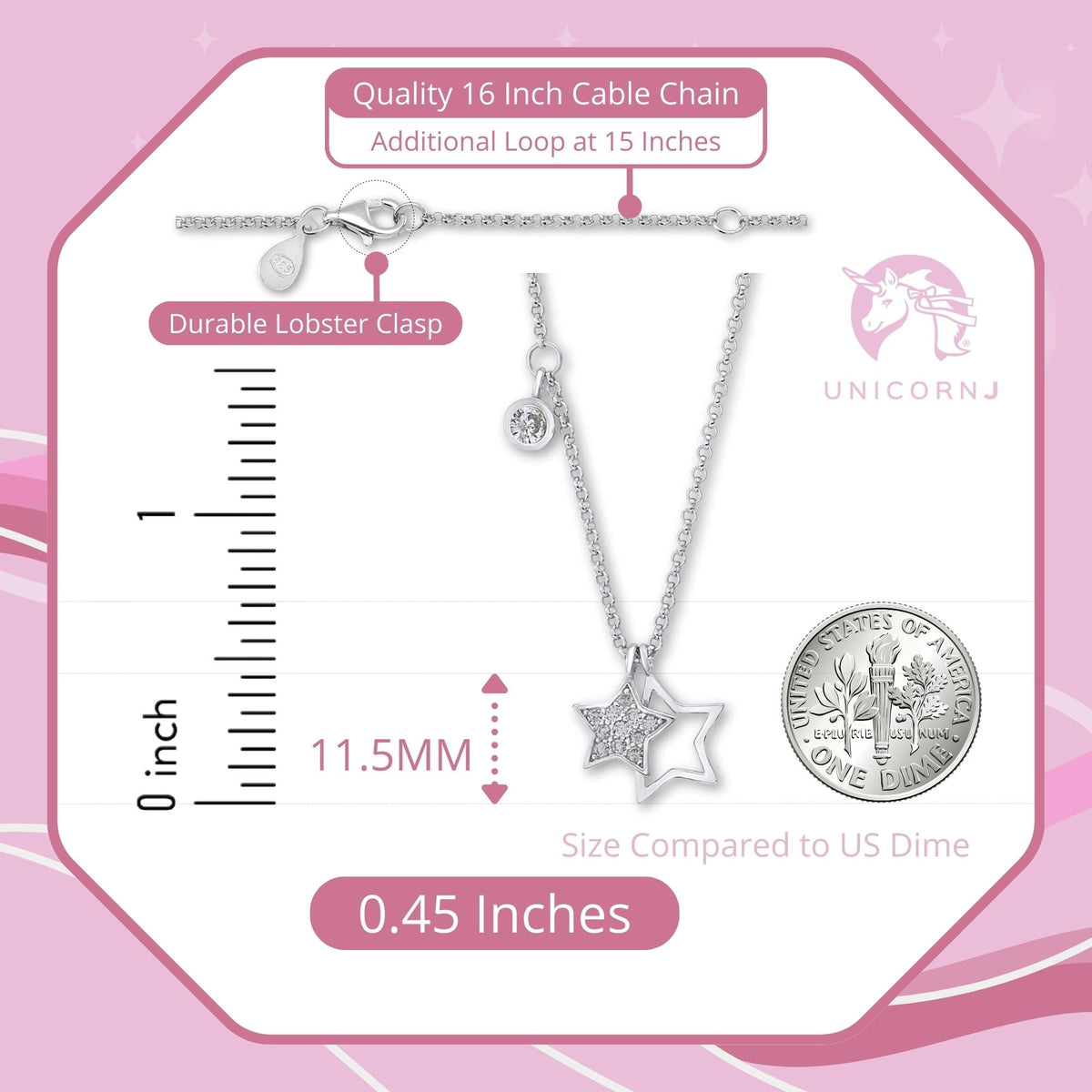 UNICORNJ Sterling Silver 925 Charm Pendant Necklace with Pavé Cubic Zirconia on Rolo Chain by Massete