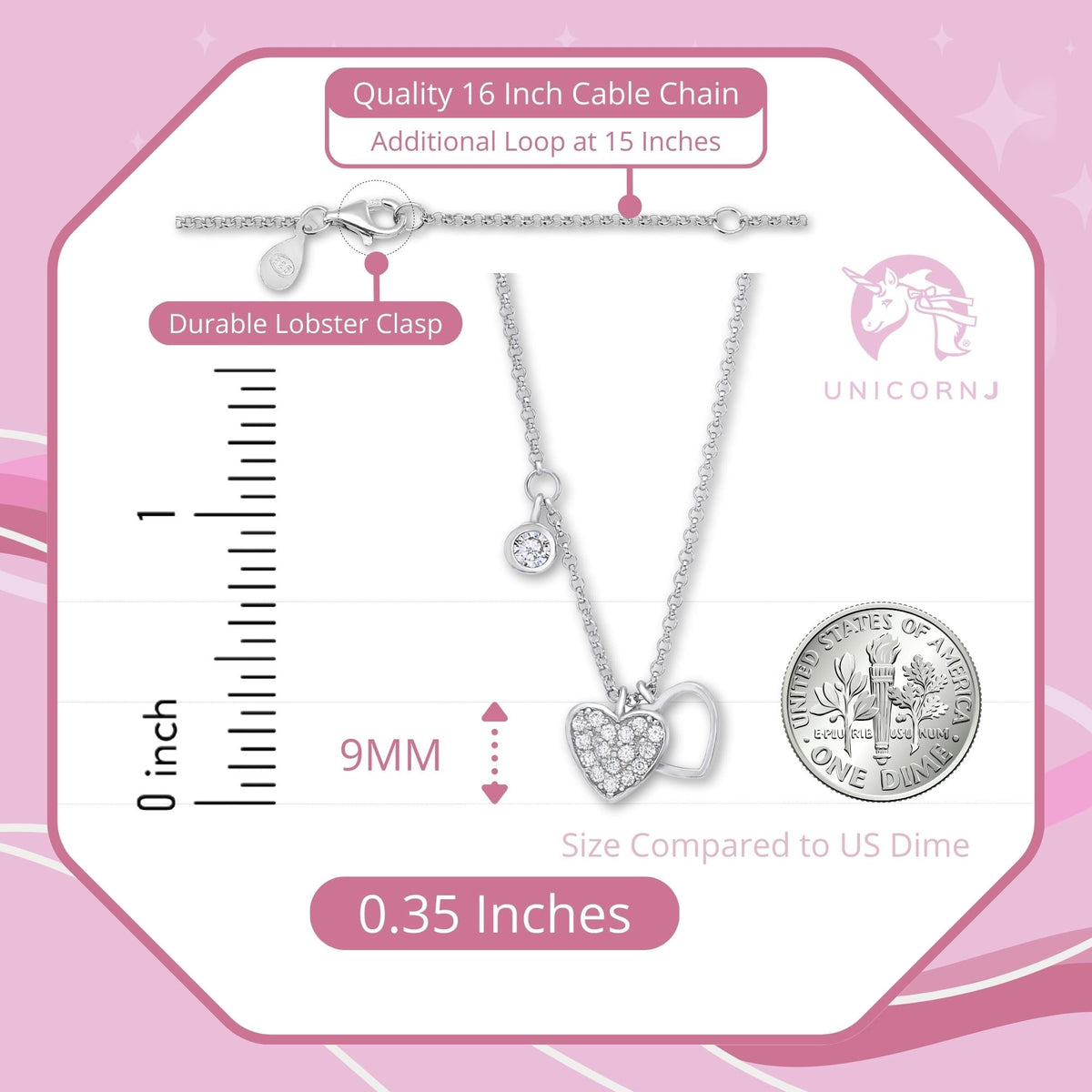 UNICORNJ Sterling Silver 925 Heart Charm Pendant Necklace with Pavé Cubic Zirconia on Rolo Chain by Massete