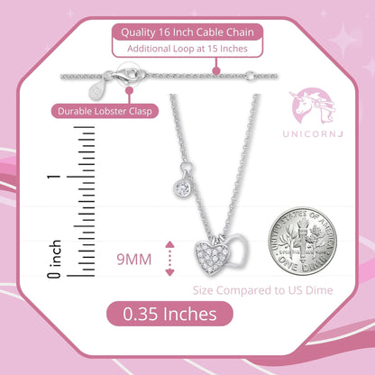 UNICORNJ Sterling Silver 925 Heart Charm Pendant Necklace with Pavé Cubic Zirconia on Rolo Chain by Massete