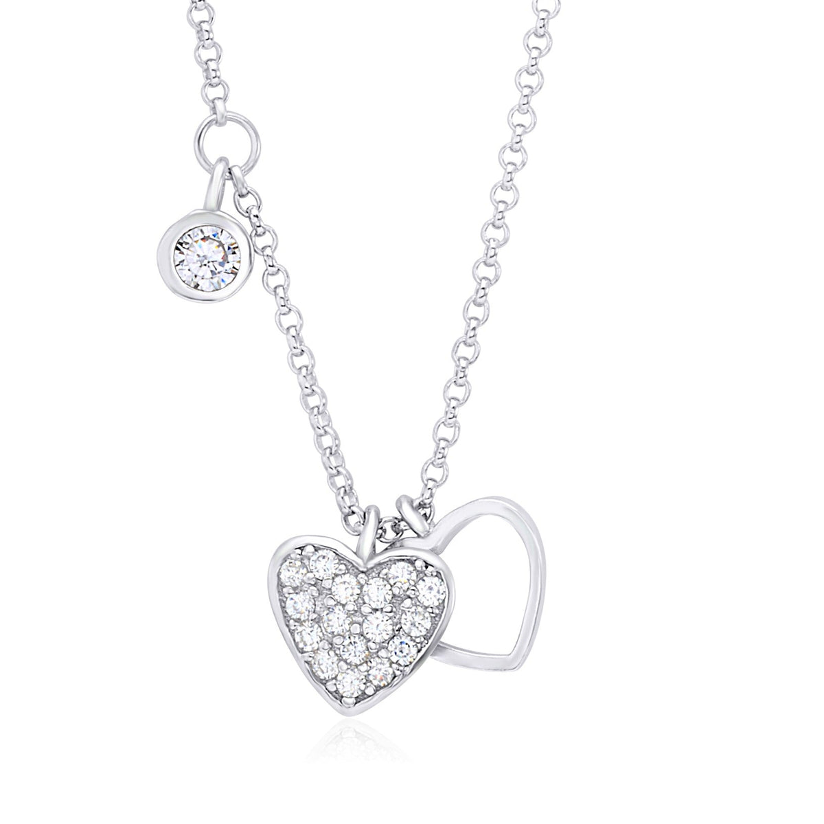 UNICORNJ Sterling Silver 925 Heart Charm Pendant Necklace with Pavé Cubic Zirconia on Rolo Chain by Massete