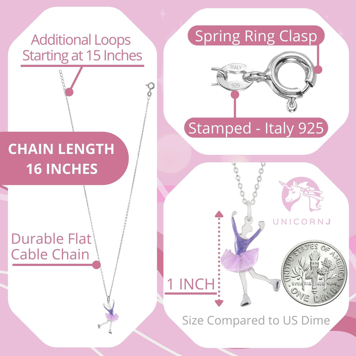 UNICORNJ Childrens Sterling Silver Girl Dancer Skater Necklace Pendant with Enamel 16" by Massete