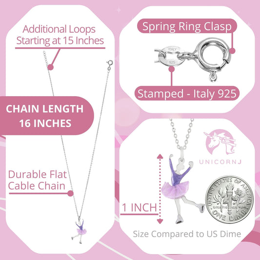 UNICORNJ Childrens Sterling Silver Girl Dancer Skater Necklace Pendant with Enamel 16" by Massete