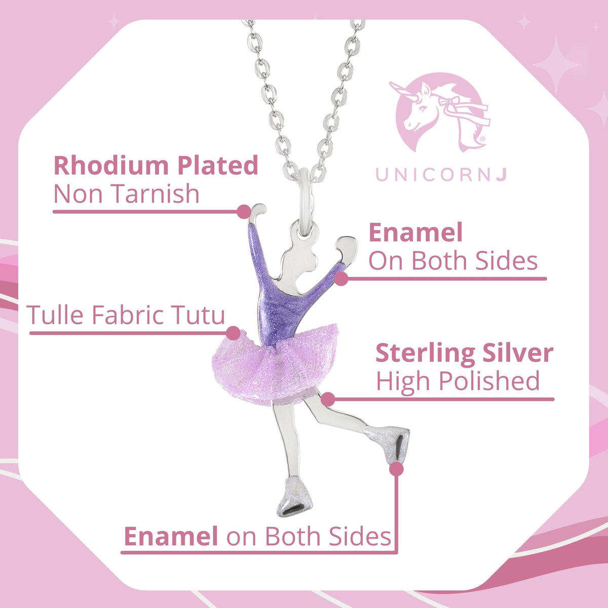 UNICORNJ Childrens Sterling Silver Girl Dancer Skater Necklace Pendant with Enamel 16" by Massete