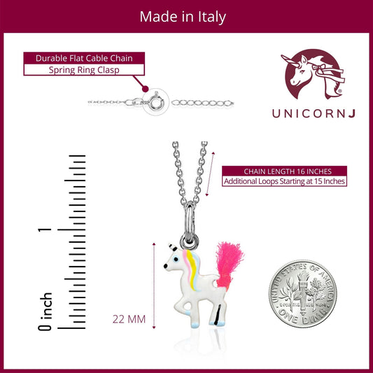 UNICORNJ Sterling Silver 925 Unicorn Pendant Necklace with Color Enamel on Chain 16" by Massete
