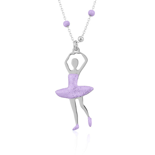 UNICORNJ Sterling Silver Ballerina Ballet Dancer Necklace for Girls Dance Recital with Enamel on Beaded Chain 15.5" by Massete