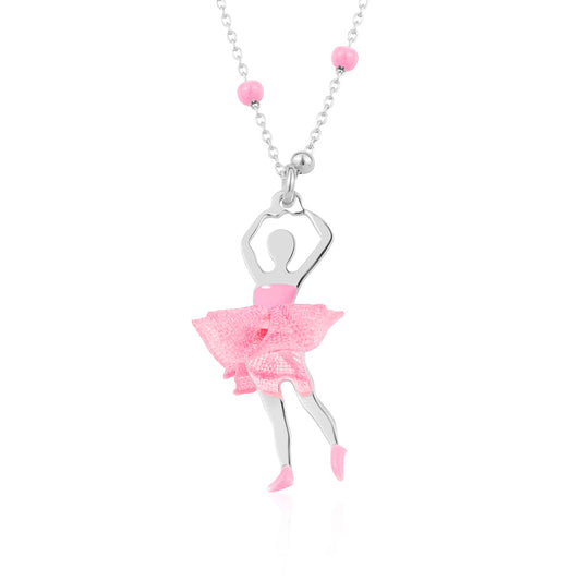 UNICORNJ Sterling Silver Ballerina Ballet Dancer Necklace for Girls Dance Recital Gift Tulle Fabric Tutu and Enamel on Beaded Chain 15.5" by Massete