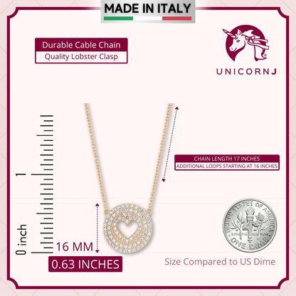 UNICORNJ Sterling Silver 925 Pave CZ Disc Pendant Necklace with Heart Cut-out Yellow Gold Plated 17" Italy by Massete
