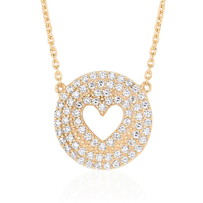 UNICORNJ Sterling Silver 925 Pave CZ Disc Pendant Necklace with Heart Cut-out Yellow Gold Plated 17" Italy by Massete