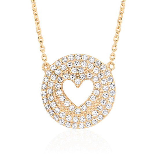 UNICORNJ Sterling Silver 925 Pave CZ Disc Pendant Necklace with Heart Cut-out Yellow Gold Plated 17" Italy by Massete