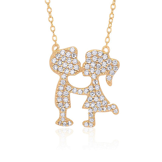 UNICORNJ Sterling Silver 925 Pave CZ Girl Boy Kissing Silhouette Pendant Yellow Gold Plated 18" Italy by Massete