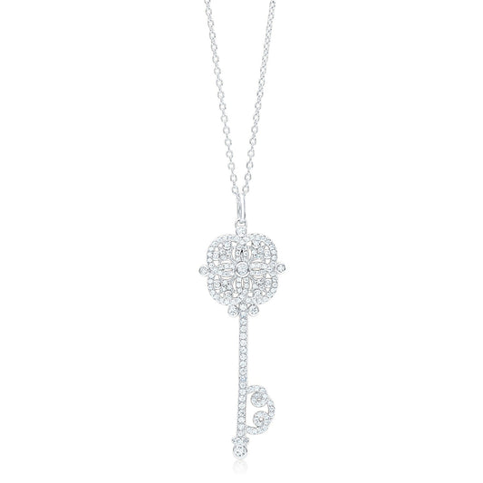Key Necklace Pendant Sterling Silver 925 Yellow Gold Plated Large with Simulated Diamonds 17" by Massete