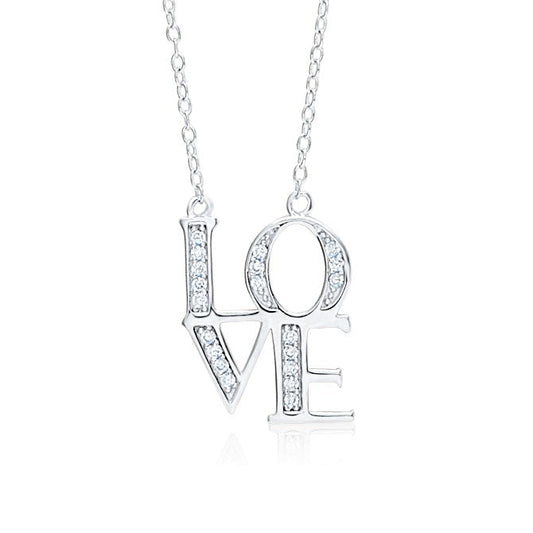 LOVE Necklace Pendant Sterling Silver 925 Yellow Gold Plated with Simulated Diamonds 18 inches by Massete