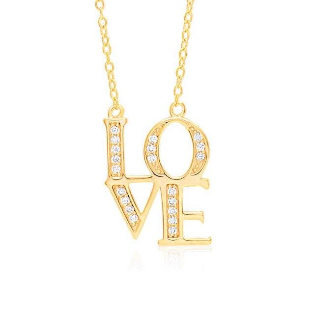 LOVE Necklace Pendant Sterling Silver 925 Yellow Gold Plated with Simulated Diamonds 18 inches by Massete