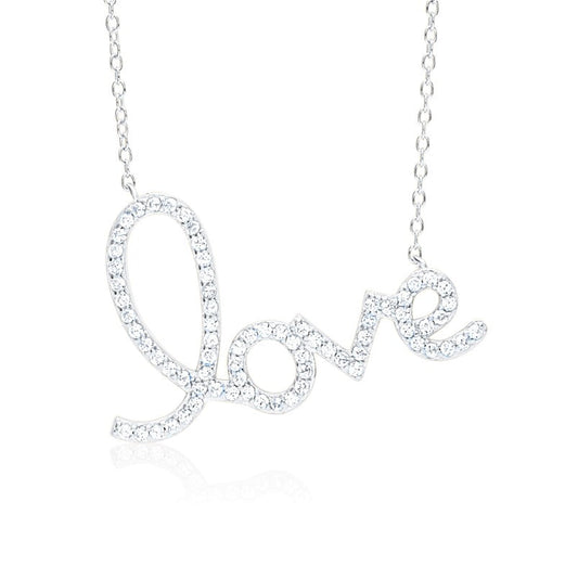 Script Love Necklace Pendant Sterling Silver 925 Yellow Gold Plated with Simulated Diamonds 17 inches by Massete