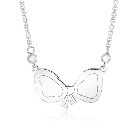 Sterling Silver Rose Gold Plated High Polished Fantasy Bow Pendant Necklace on Rolo Chain 16" by Massete