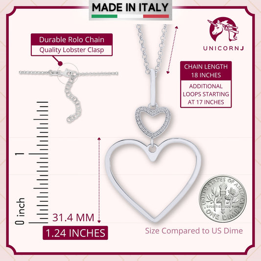 Sterling Silver Rose Gold Plated Polished Large Double Heart Dangle Necklace Pendant 18" Italy by Massete