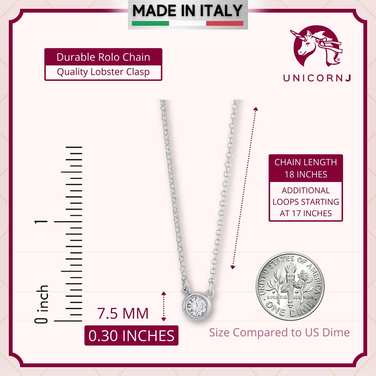 UNICORNJ Sterling Silver Rose and Yellow Gold Plated Polished Bezel Set Round Simulated Diamond Solitaire 6mm Necklace by Massete