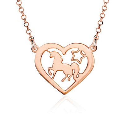 Sterling Silver Trotting Unicorn in Heart Pendant Necklace on Rolo Chain 17" by Massete
