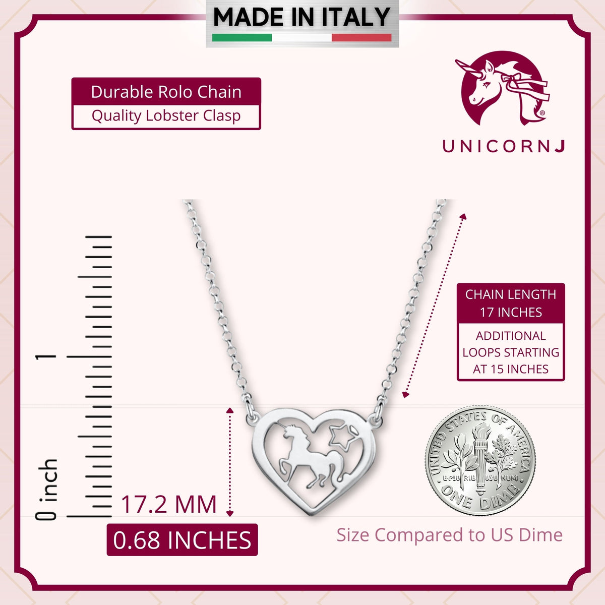Sterling Silver Trotting Unicorn in Heart Pendant Necklace on Rolo Chain 17" by Massete