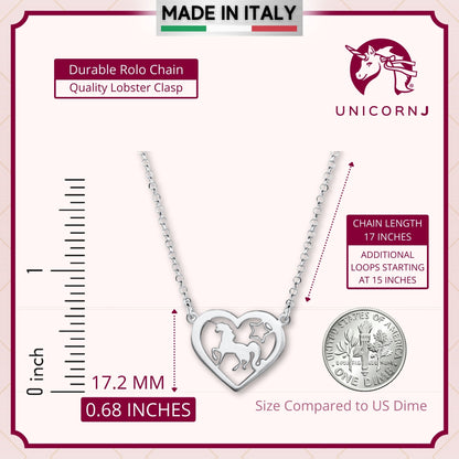 Sterling Silver Trotting Unicorn in Heart Pendant Necklace on Rolo Chain 17" by Massete