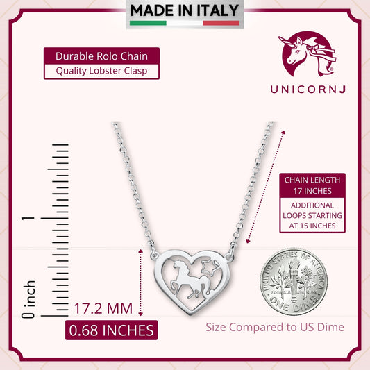 Sterling Silver Trotting Unicorn in Heart Pendant Necklace on Rolo Chain 17" by Massete