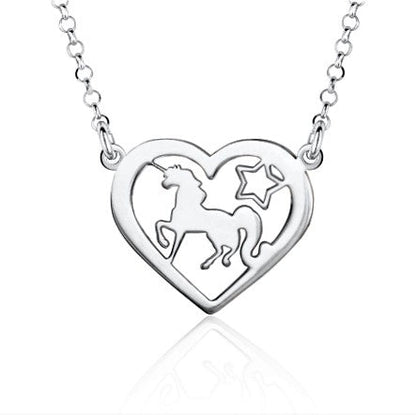 Sterling Silver Trotting Unicorn in Heart Pendant Necklace on Rolo Chain 17" by Massete
